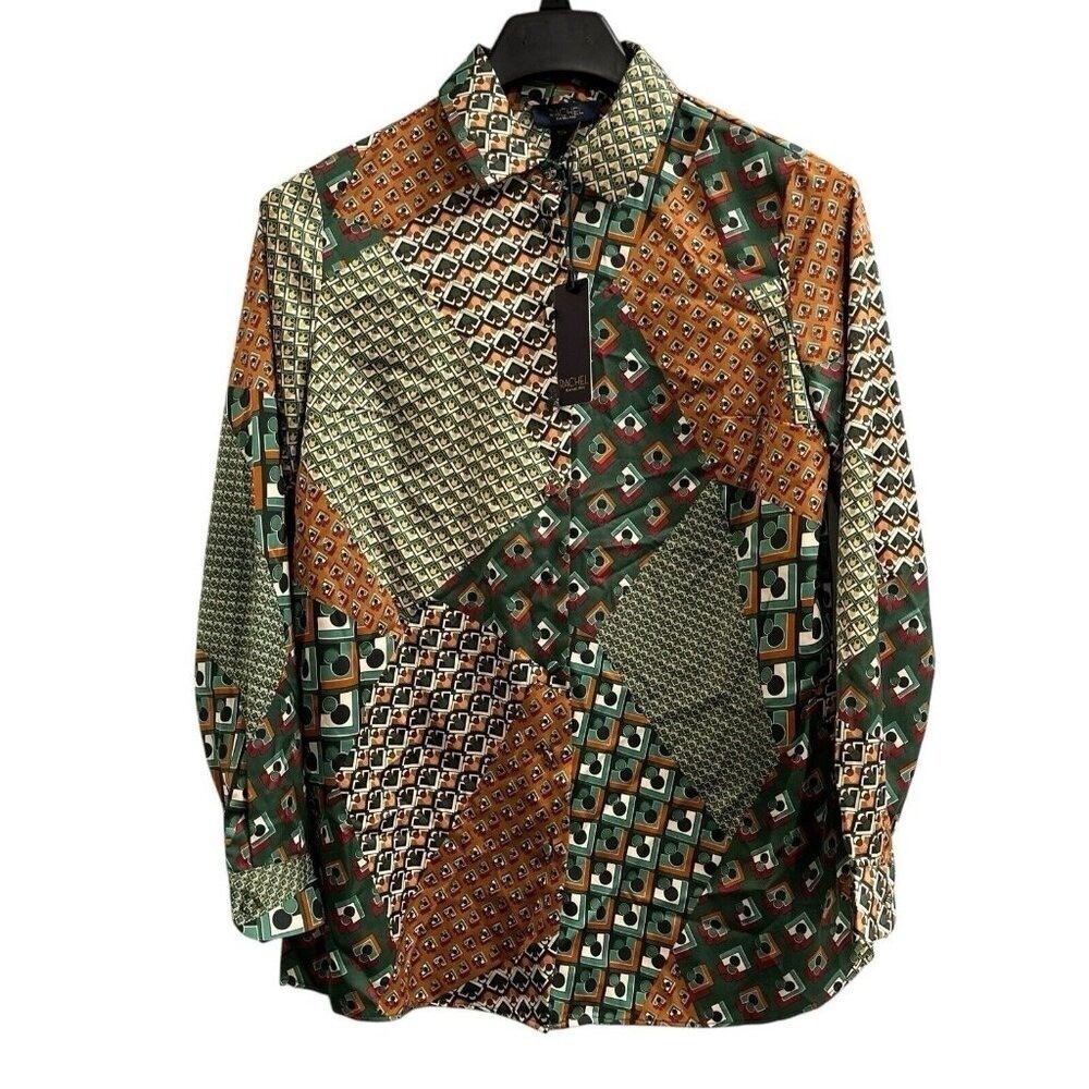 Rachel Rachel Roy Dark Patchwork Satin Blouse‎ Sleeve Button Down Size S Office